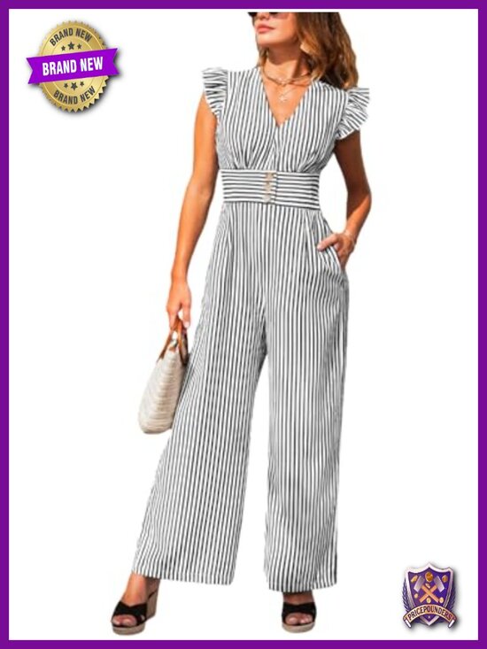 Pants - CUPSHE Women's Ruffle Cap Sleeve V-Neck Loose Fit Wide Leg Striped Jumpsuit